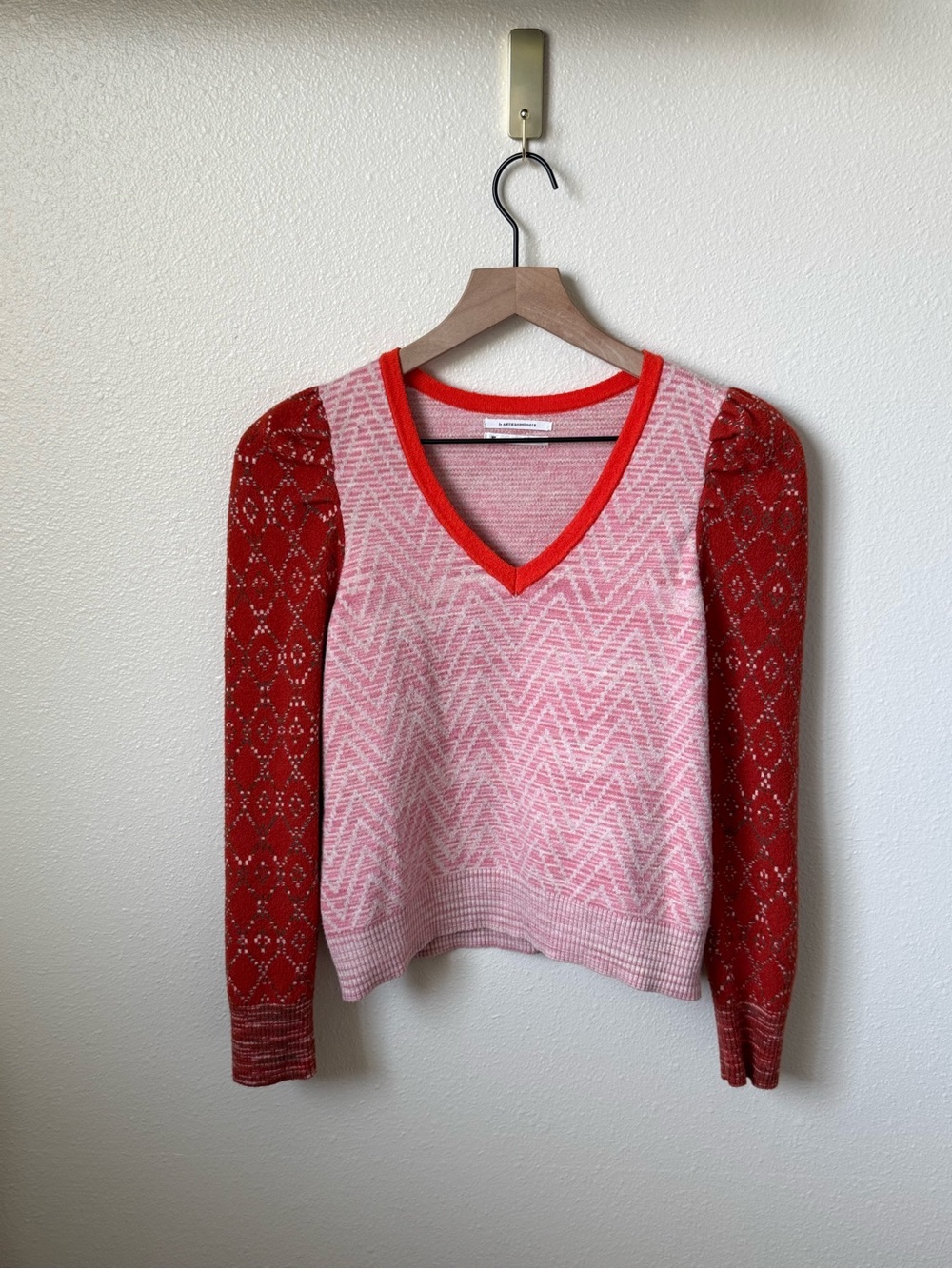 Anthropologie Pink and Red V-Neck Patterned Sweater